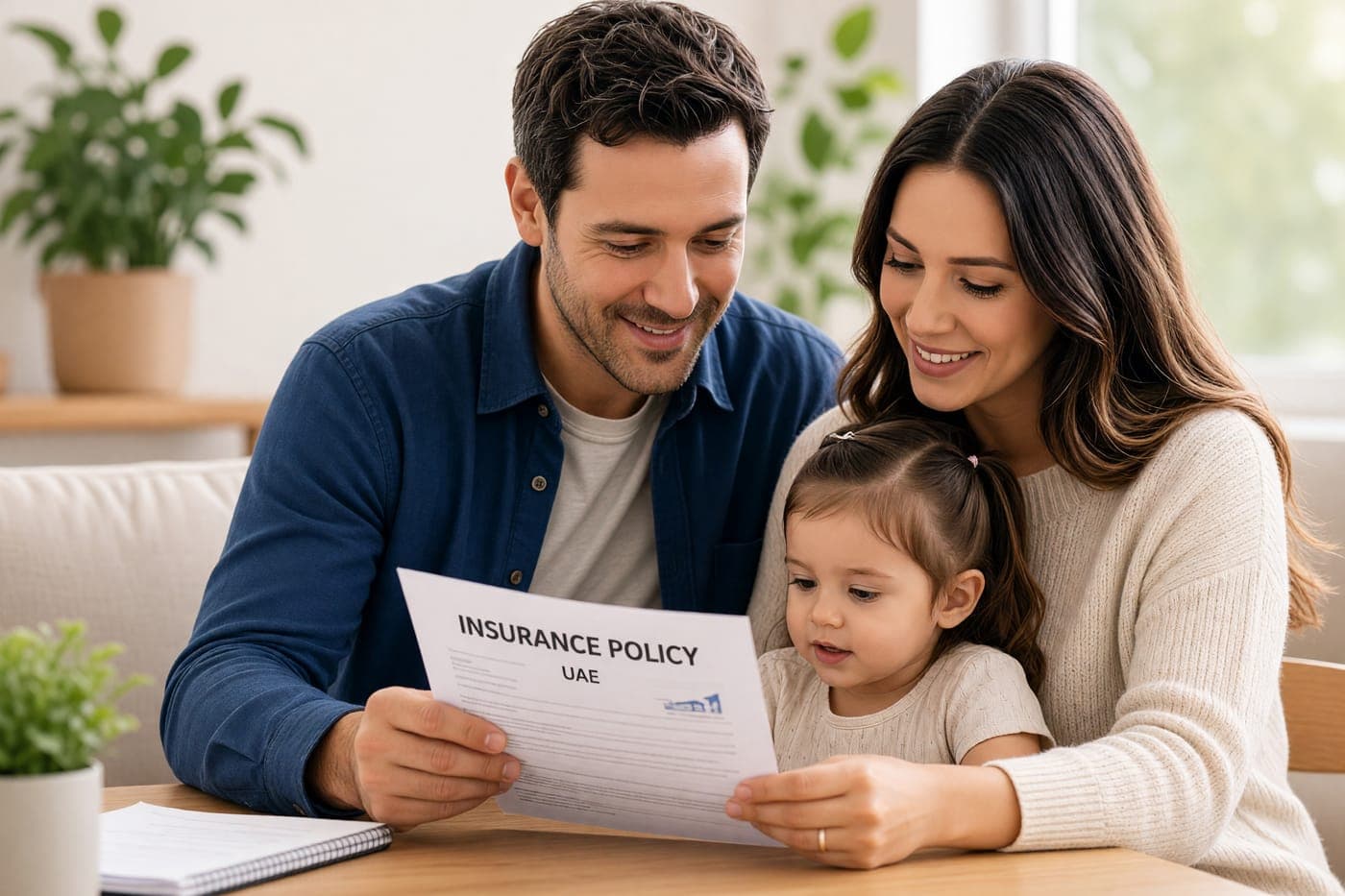 A family at home reviewing their UAE insurance policy together