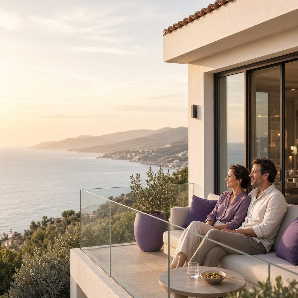 A couple relaxing on the terrace of their coastal UAE home at sunset, overlooking the sea