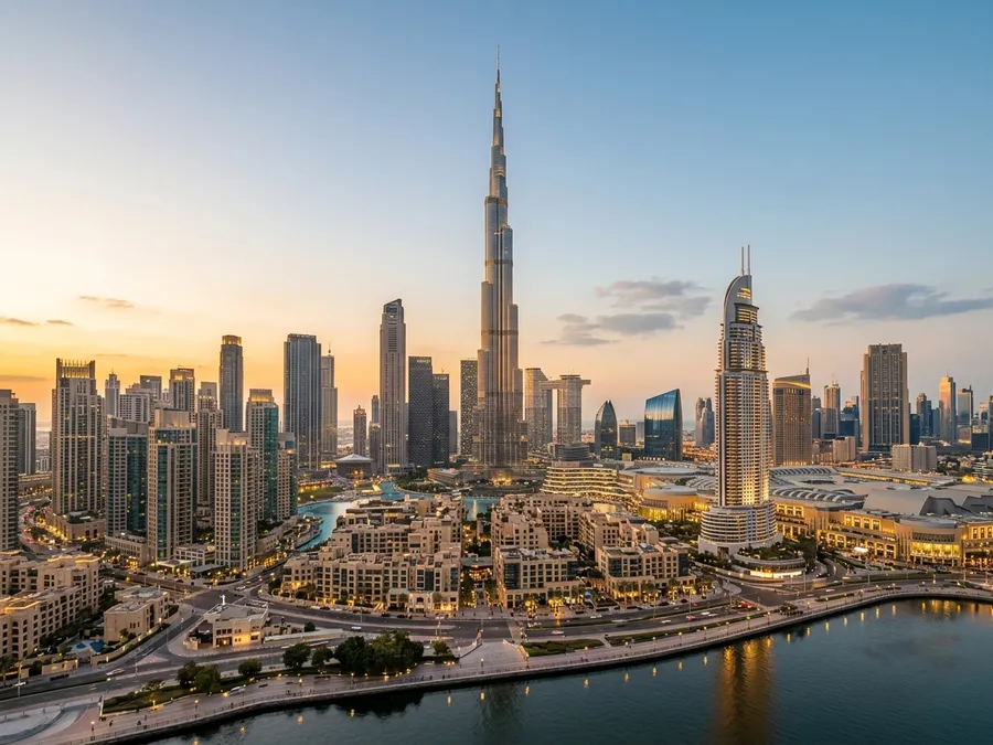 The downtown Dubai skyline at golden hour, with the Burj Khalifa rising above modern towers and a waterfront promenade