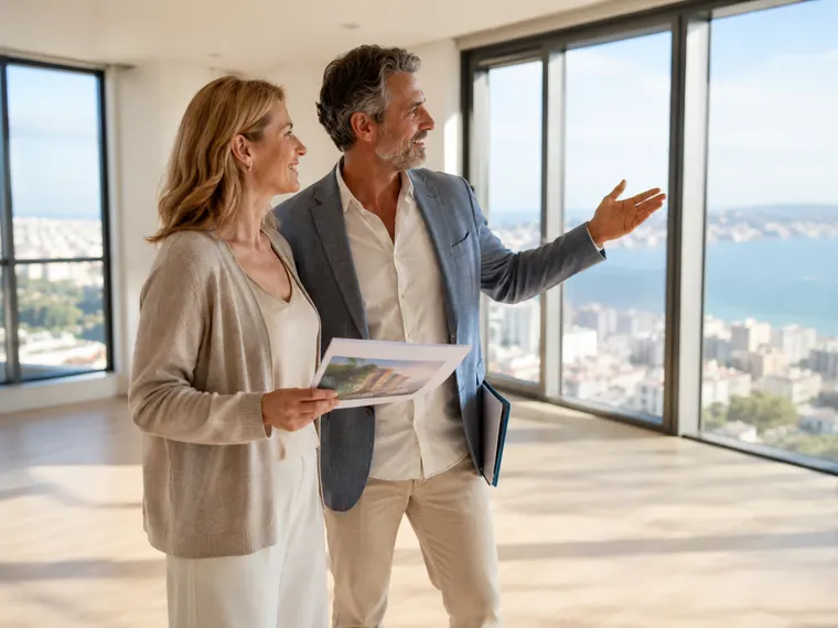 A mature couple reviewing documents in a bright apartment overlooking a coastal city